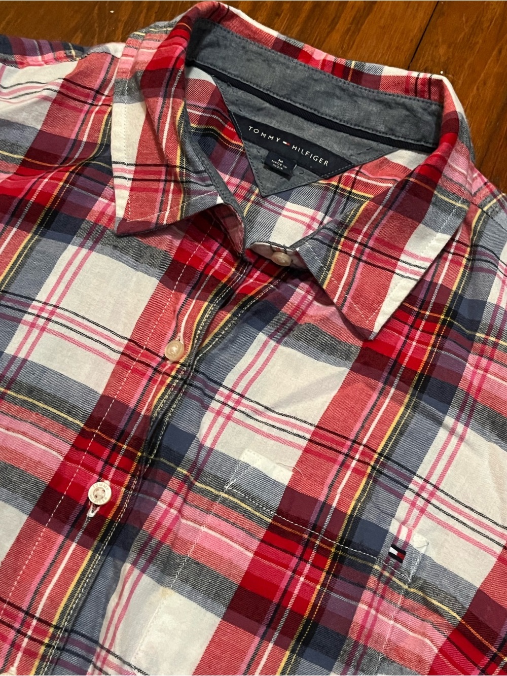 Tommy Hilfiger Women’s Red, Pink, Navy & White Plaid Button-Down Shirt Medium